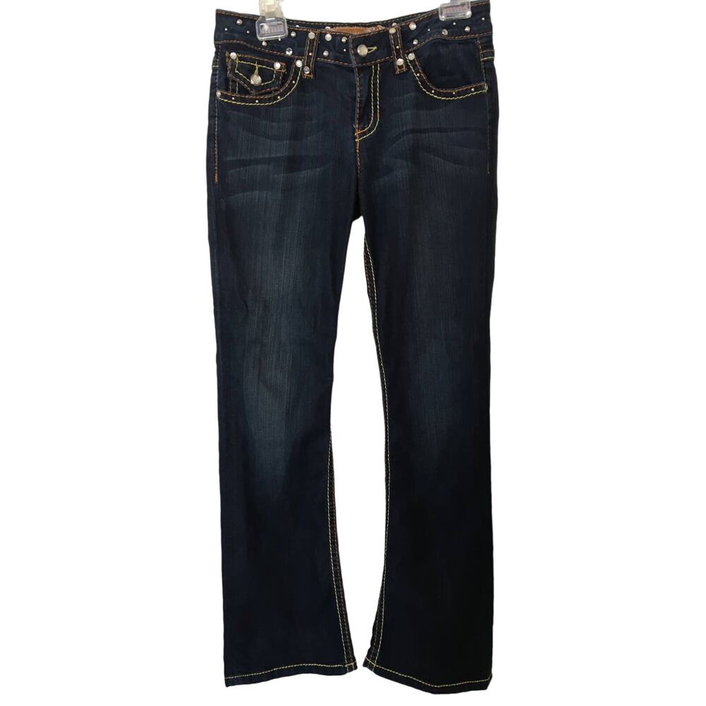 UKnighted Denim Size 6 Blinged Out Flared Jeans With Orange and Yellow Stitching